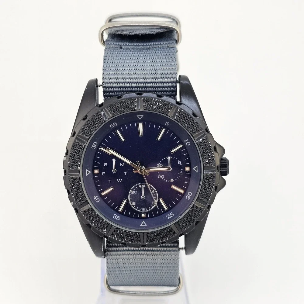 Men's Watch 44MM Blue Dial‎ New Gray Nylon Band New Battery